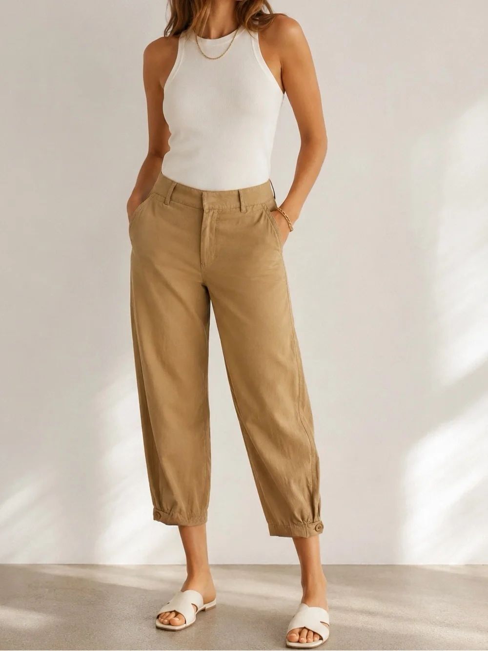 Vince Tan Cropped Barrel Jogger Pants Size 8 Bemberg Cotton Blend Casual